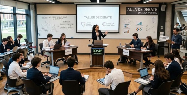 Un salón se transforma de clase magistral a un taller de debate